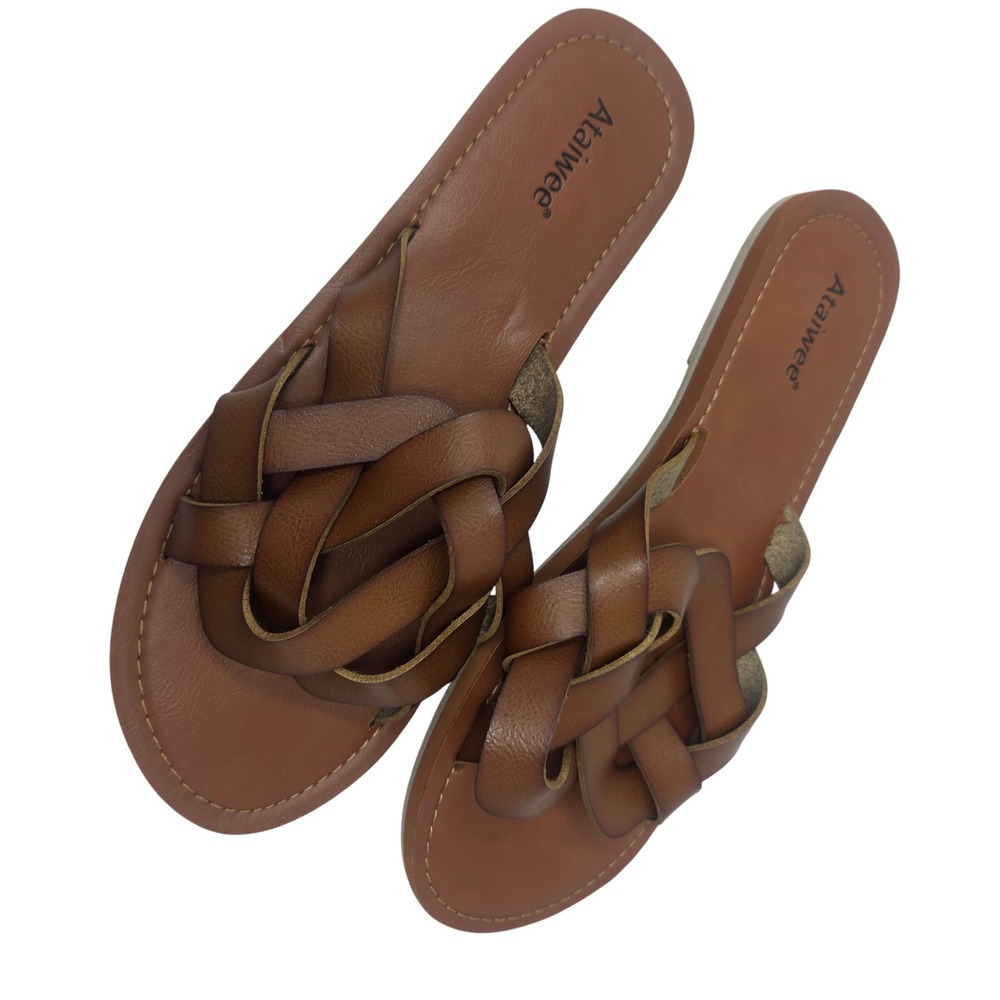 Ataiwee Slide Sandals Women 11 Brown Woven Strap Flat Casual Boho